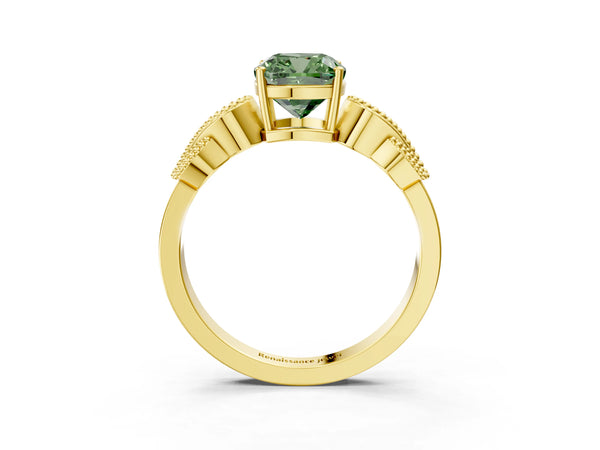 Yellow gold Fancy Green Cushion Cut Solitaire Milgrain Leaf Band with Prong Setting