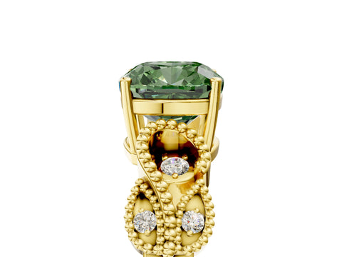 Yellow gold Fancy Green Cushion Cut Solitaire Milgrain Leaf Band with Prong Setting_5