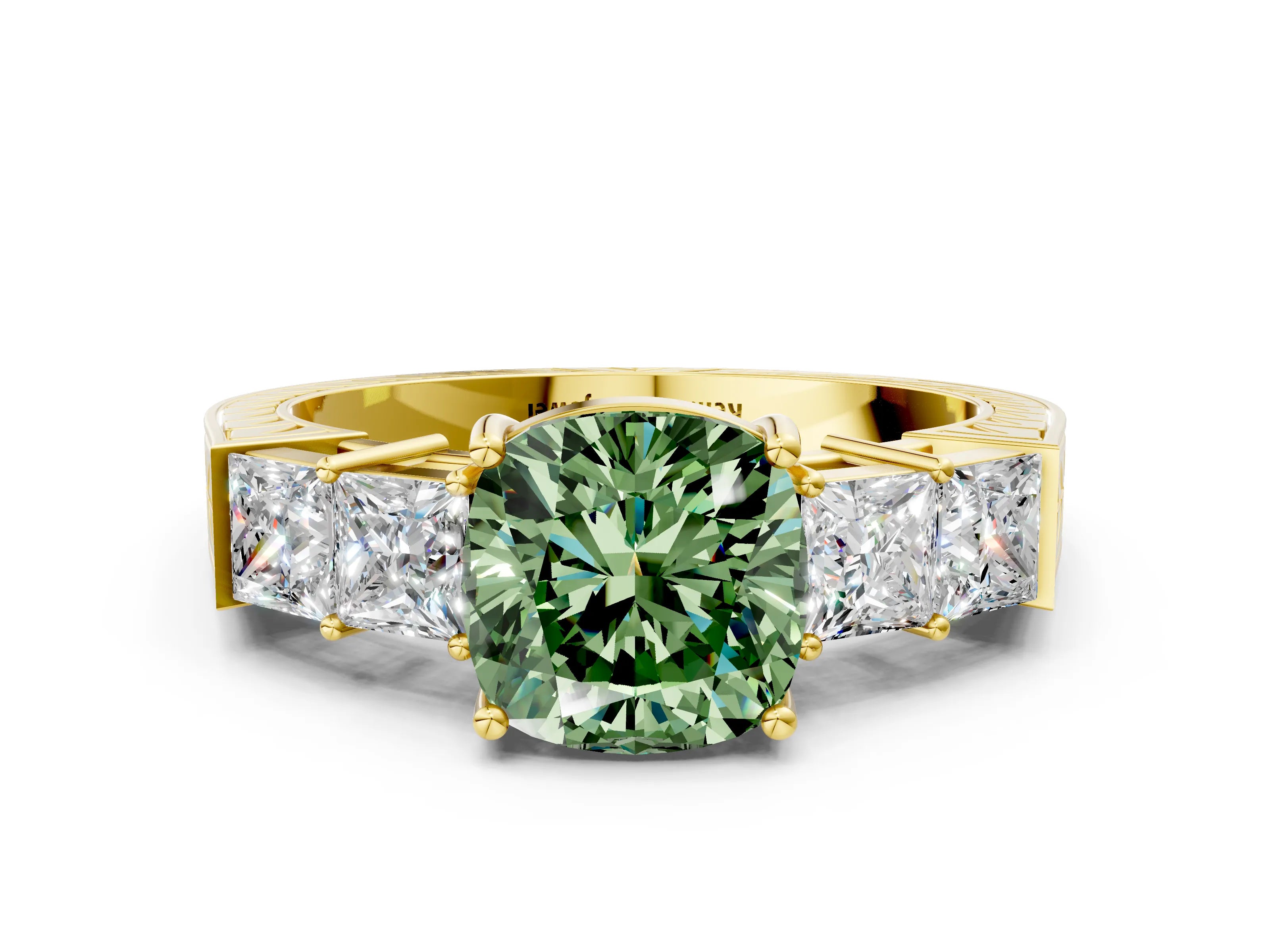 Yellow gold Fancy Green Cushion Cut Solitaire Princess Side Stone Engraved Band Prong Setting Ring