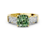 Yellow gold Fancy Green Cushion Cut Solitaire Princess Side Stone Engraved Band Prong Setting Ring