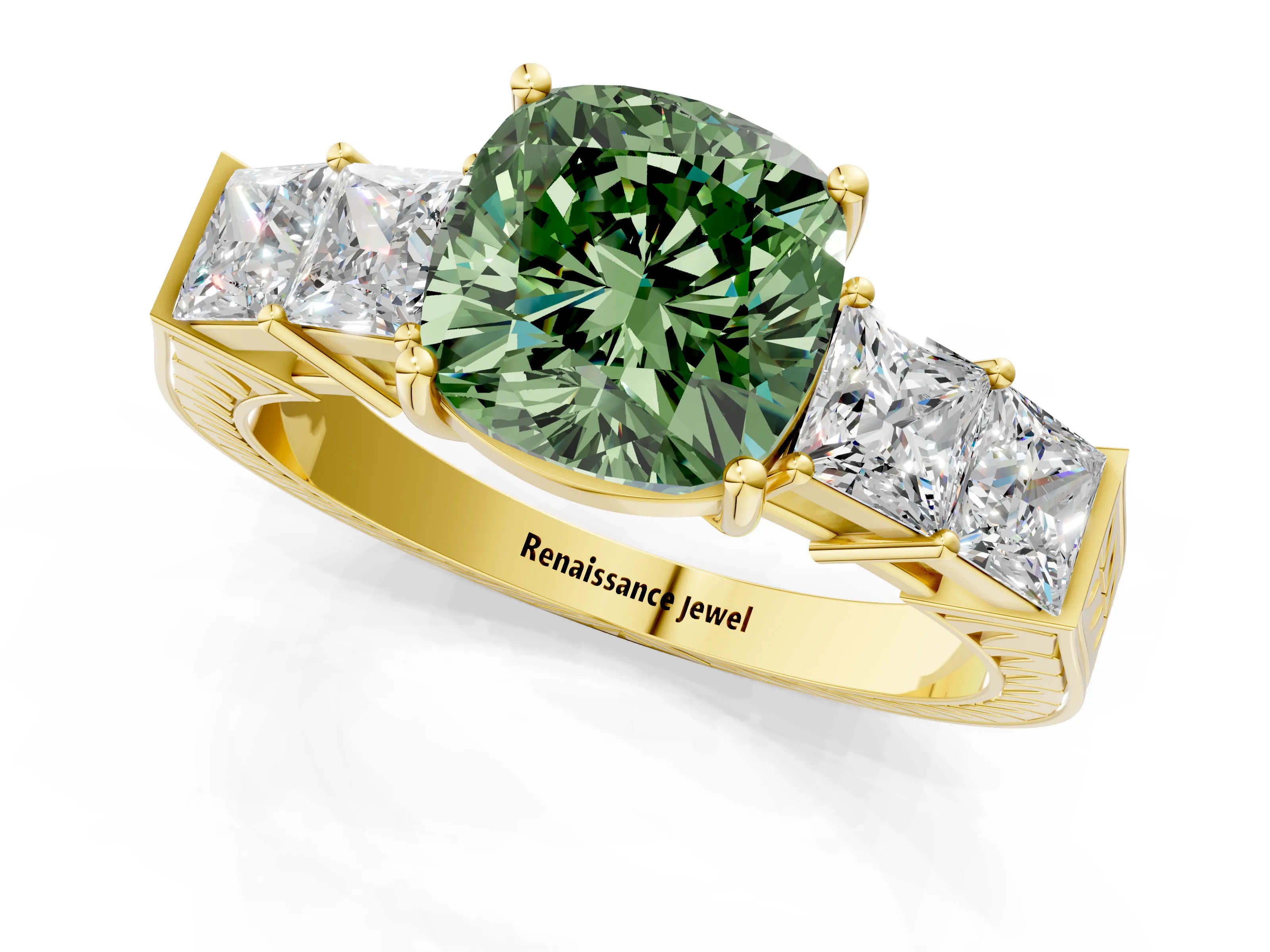 Yellow gold Fancy Green Cushion Cut Solitaire Princess Side Stone Engraved Band Prong Setting Ring_1