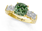 Yellow gold Fancy Green Cushion Cut Solitaire Princess Side Stone Engraved Band Prong Setting Ring_1