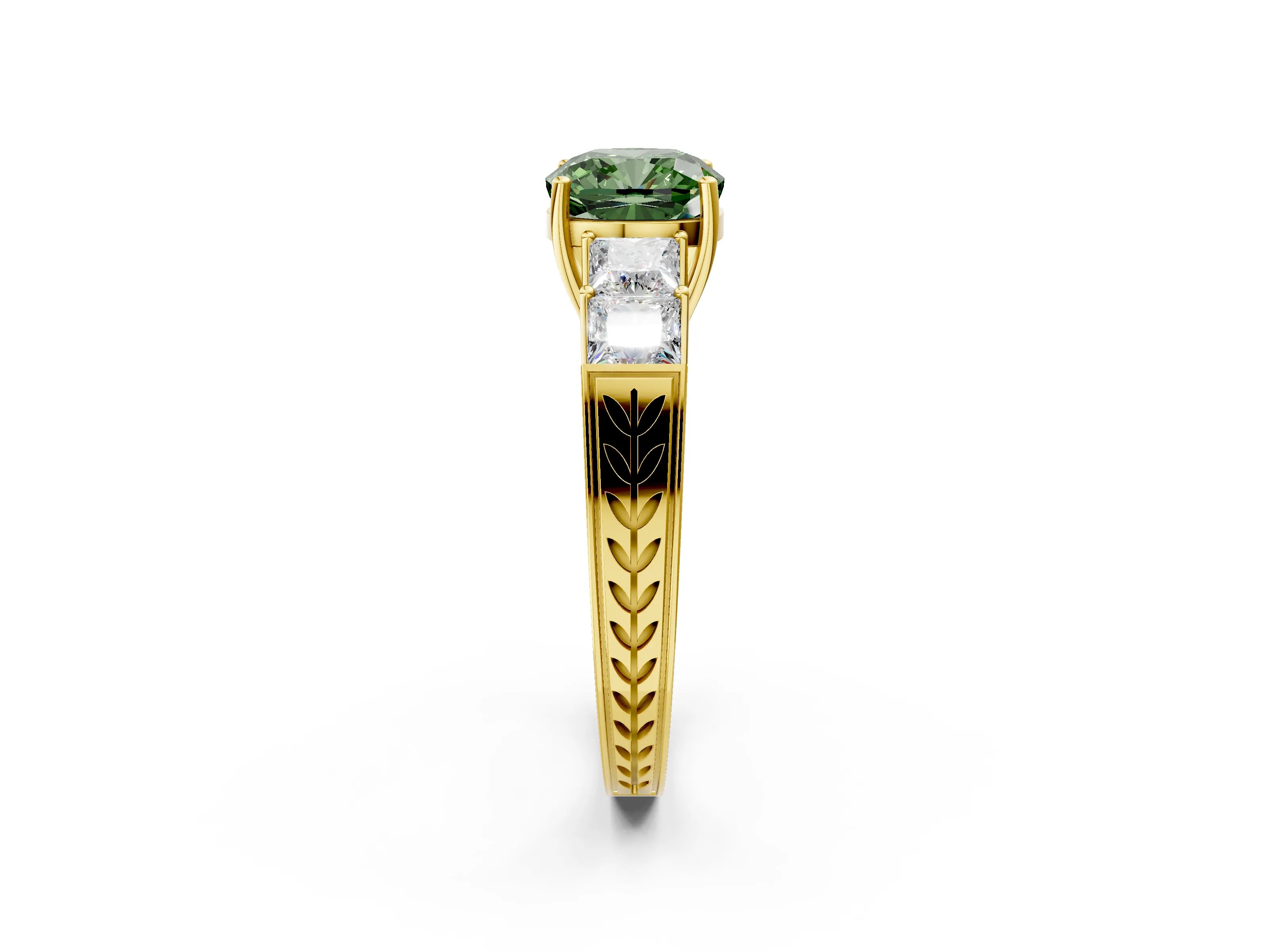 Yellow gold Fancy Green Cushion Cut Solitaire Princess Side Stone Engraved Band Prong Setting Ring_2