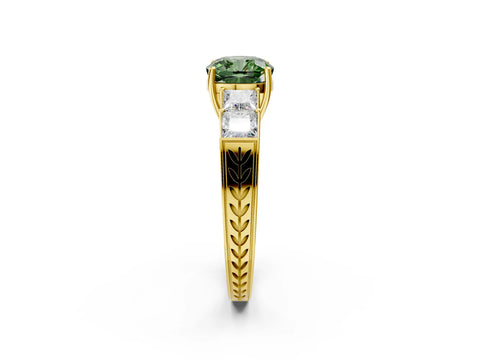 Yellow gold Fancy Green Cushion Cut Solitaire Princess Side Stone Engraved Band Prong Setting Ring_2