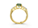 Yellow gold Fancy Green Cushion Cut Solitaire Princess Side Stone Engraved Band Prong Setting Ring_3
