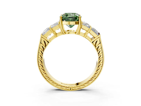 Yellow gold Fancy Green Cushion Cut Solitaire Princess Side Stone Engraved Band Prong Setting Ring_3