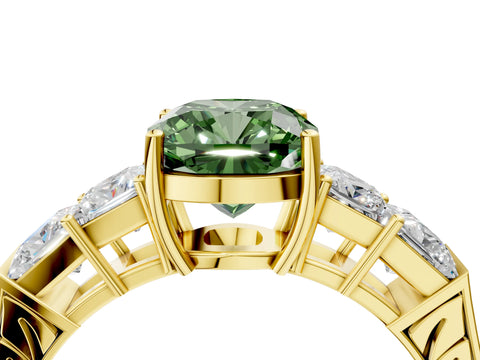 Yellow gold Fancy Green Cushion Cut Solitaire Princess Side Stone Engraved Band Prong Setting Ring_4