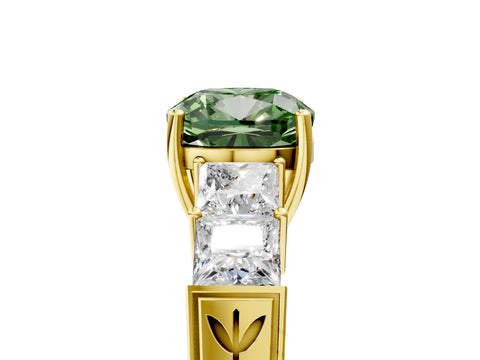 Yellow gold Fancy Green Cushion Cut Solitaire Princess Side Stone Engraved Band Prong Setting Ring_5