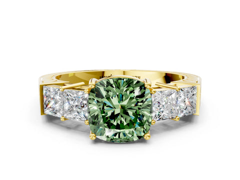 Yellow gold Fancy Green Cushion Cut Solitaire Princess Side Stone Engraved Band Prong Setting Ring