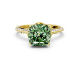 Yellow gold Fancy Green Cushion Cut Solitaire Split Shank Pave Diamond Engagement Ring with Four-Prong Setting