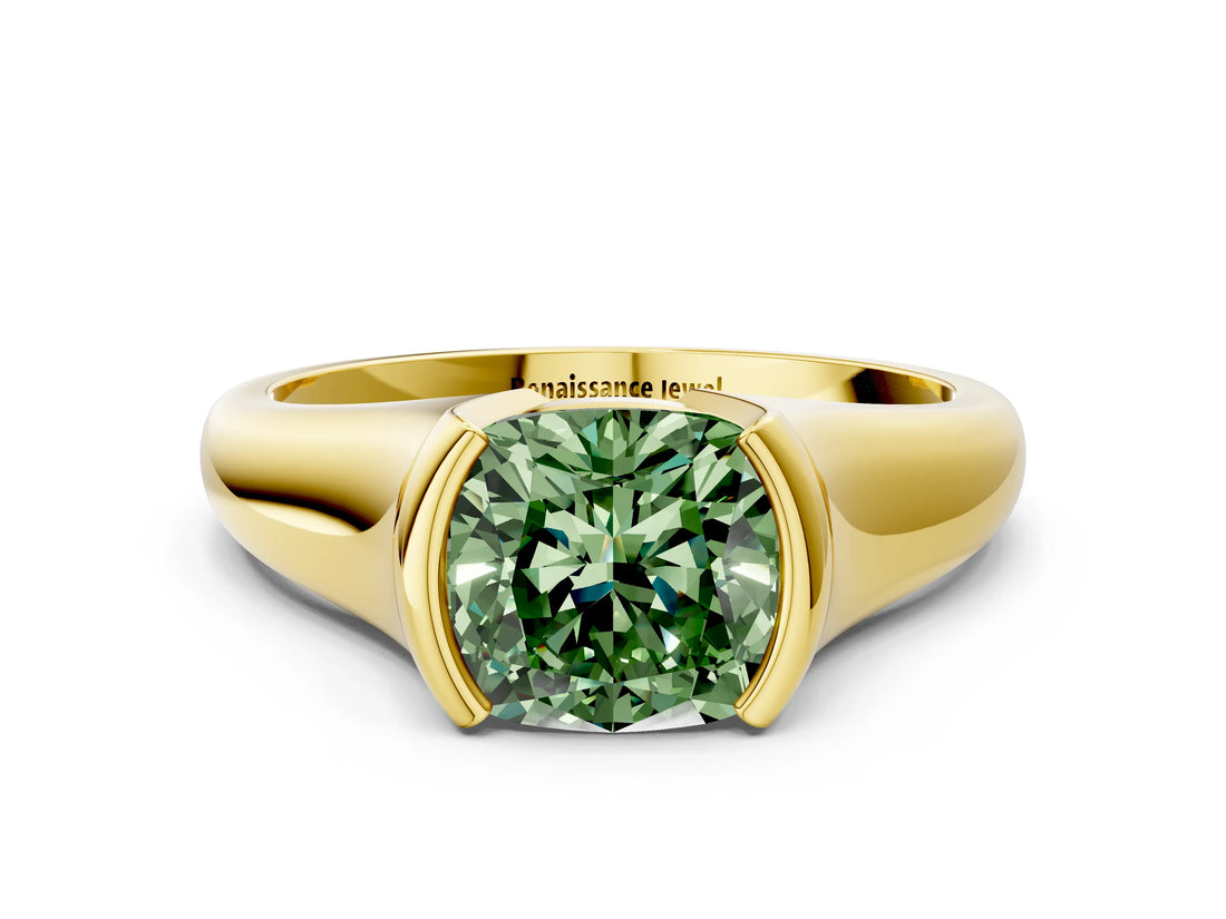 Yellow gold Fancy Green Cushion Cut Solitaire Tension Set Diamond Ring with Split Shank Band