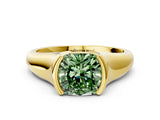Yellow gold Fancy Green Cushion Cut Solitaire Tension Set Diamond Ring with Split Shank Band