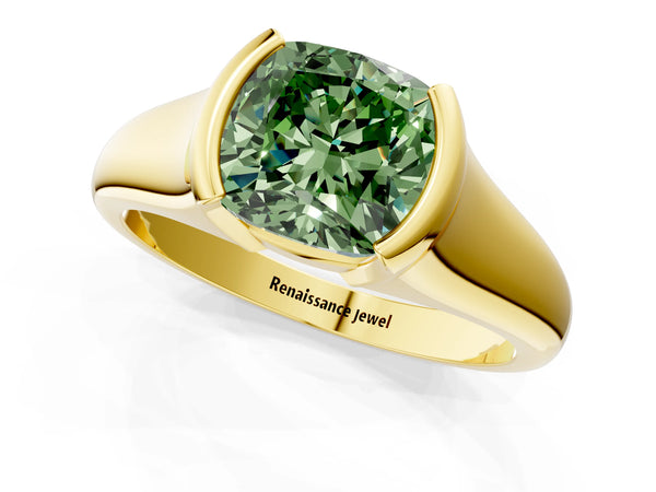 Yellow gold Fancy Green Cushion Cut Solitaire Tension Set Diamond Ring with Split Shank Band