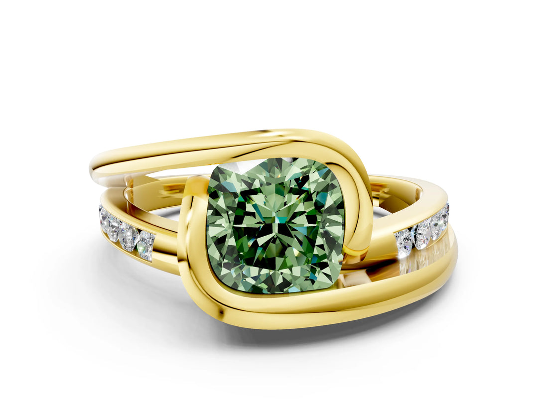 Yellow gold Fancy Green Cushion Cut Solitaire Tension-Set Diamond Split Shank Ring