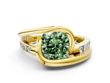 Yellow gold Fancy Green Cushion Cut Solitaire Tension-Set Diamond Split Shank Ring