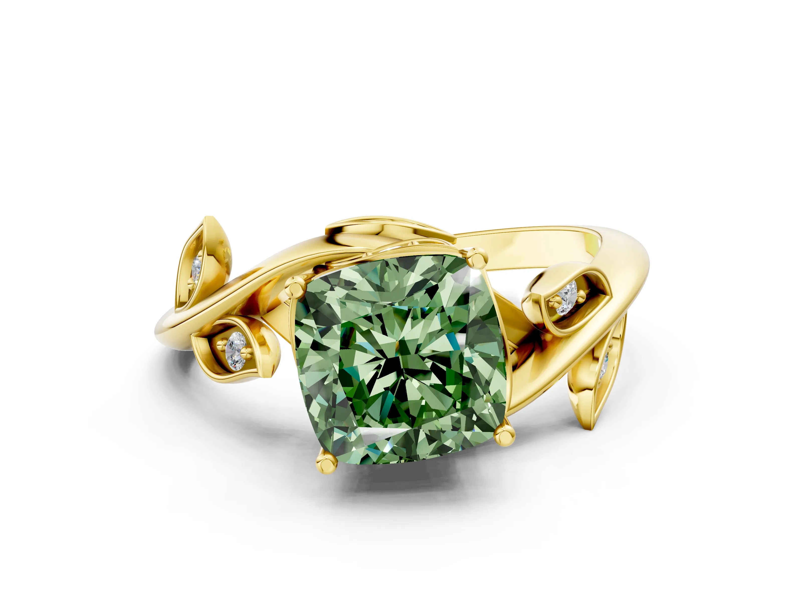 Yellow gold Fancy Green Cushion Cut Solitaire Twist Engagement Ring with Leaf Accents and Prong Setting_12
