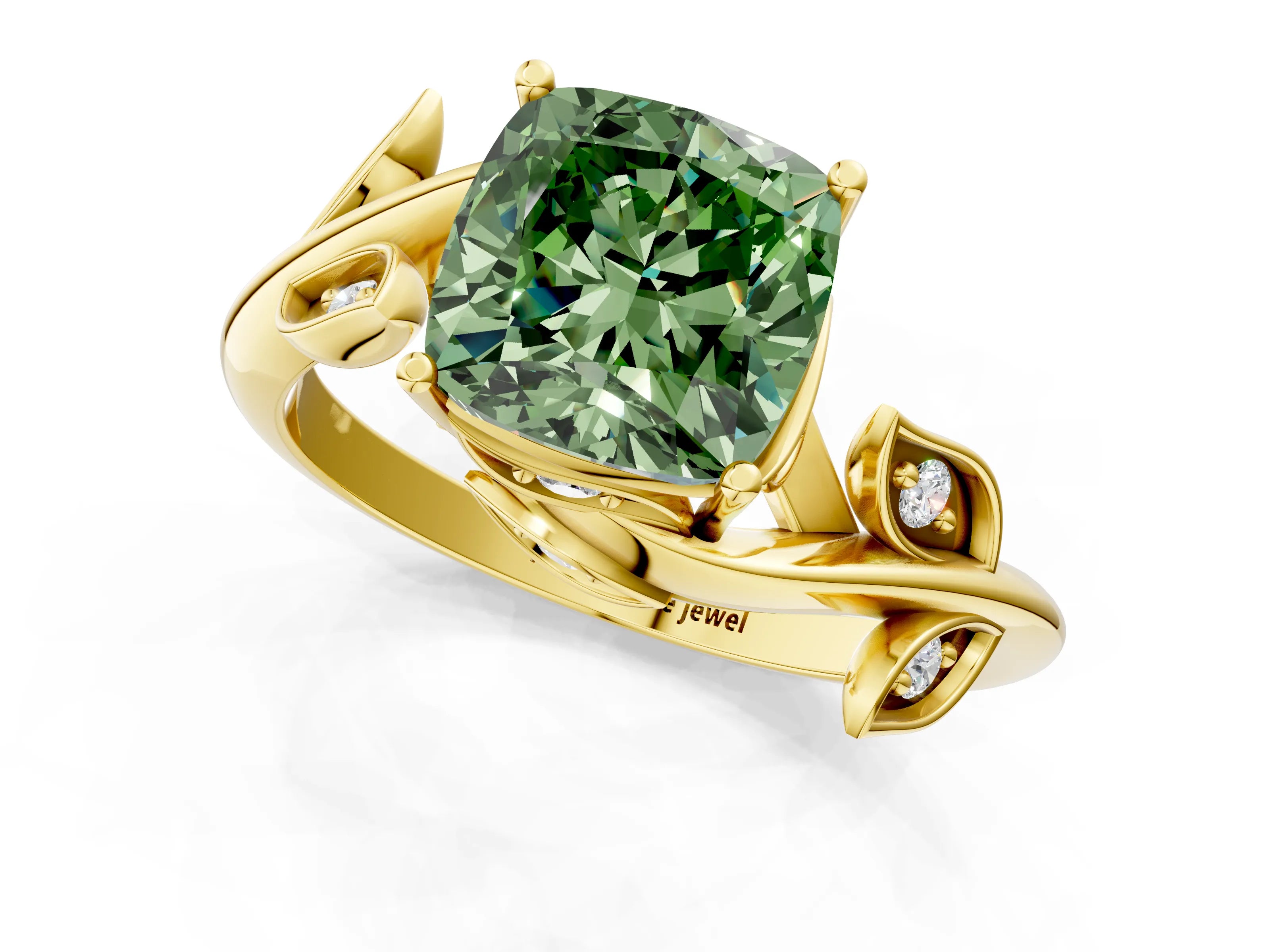 Yellow gold Fancy Green Cushion Cut Solitaire Twist Engagement Ring with Leaf Accents and Prong Setting_13