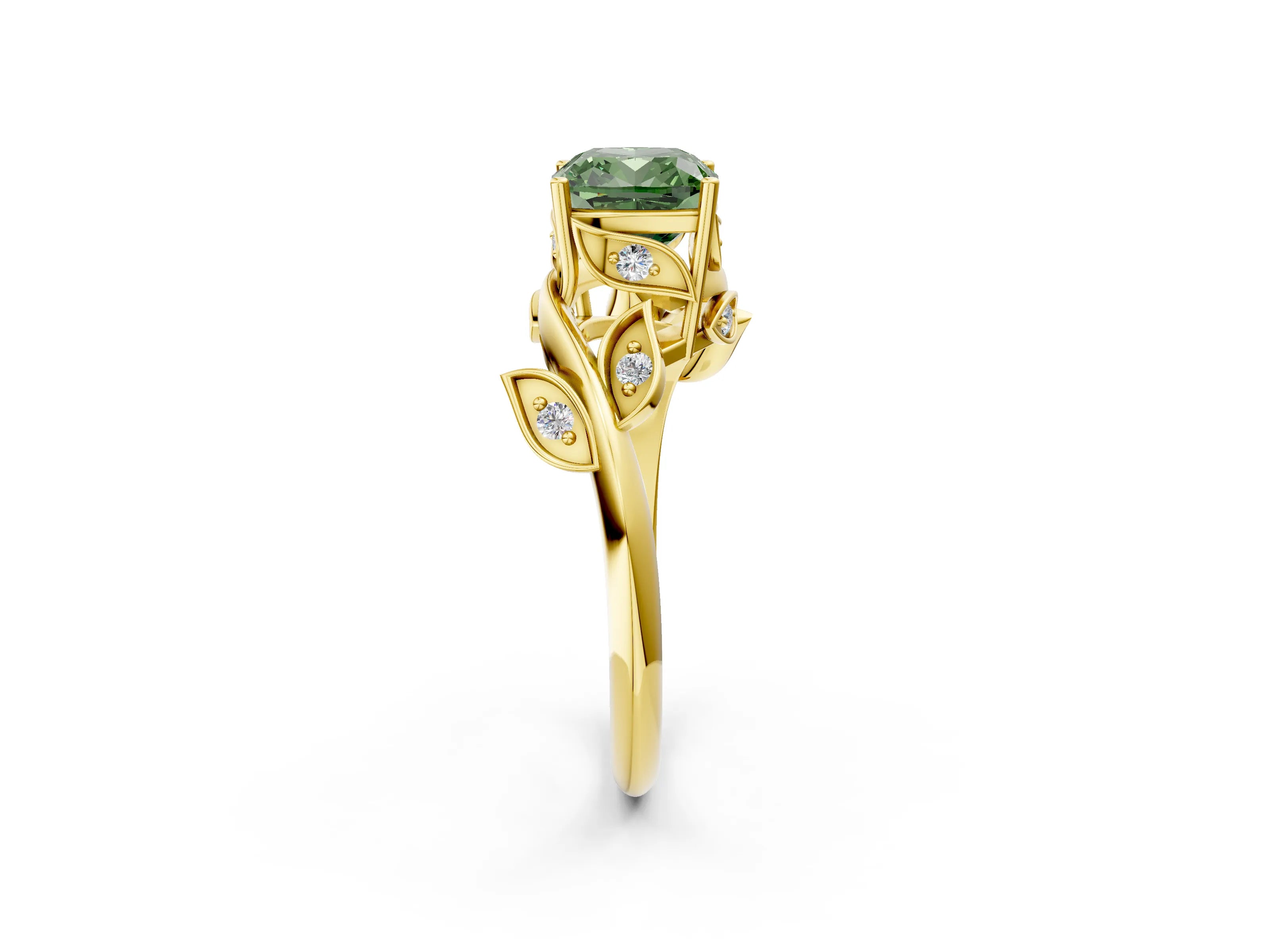 Yellow gold Fancy Green Cushion Cut Solitaire Twist Engagement Ring with Leaf Accents and Prong Setting_14