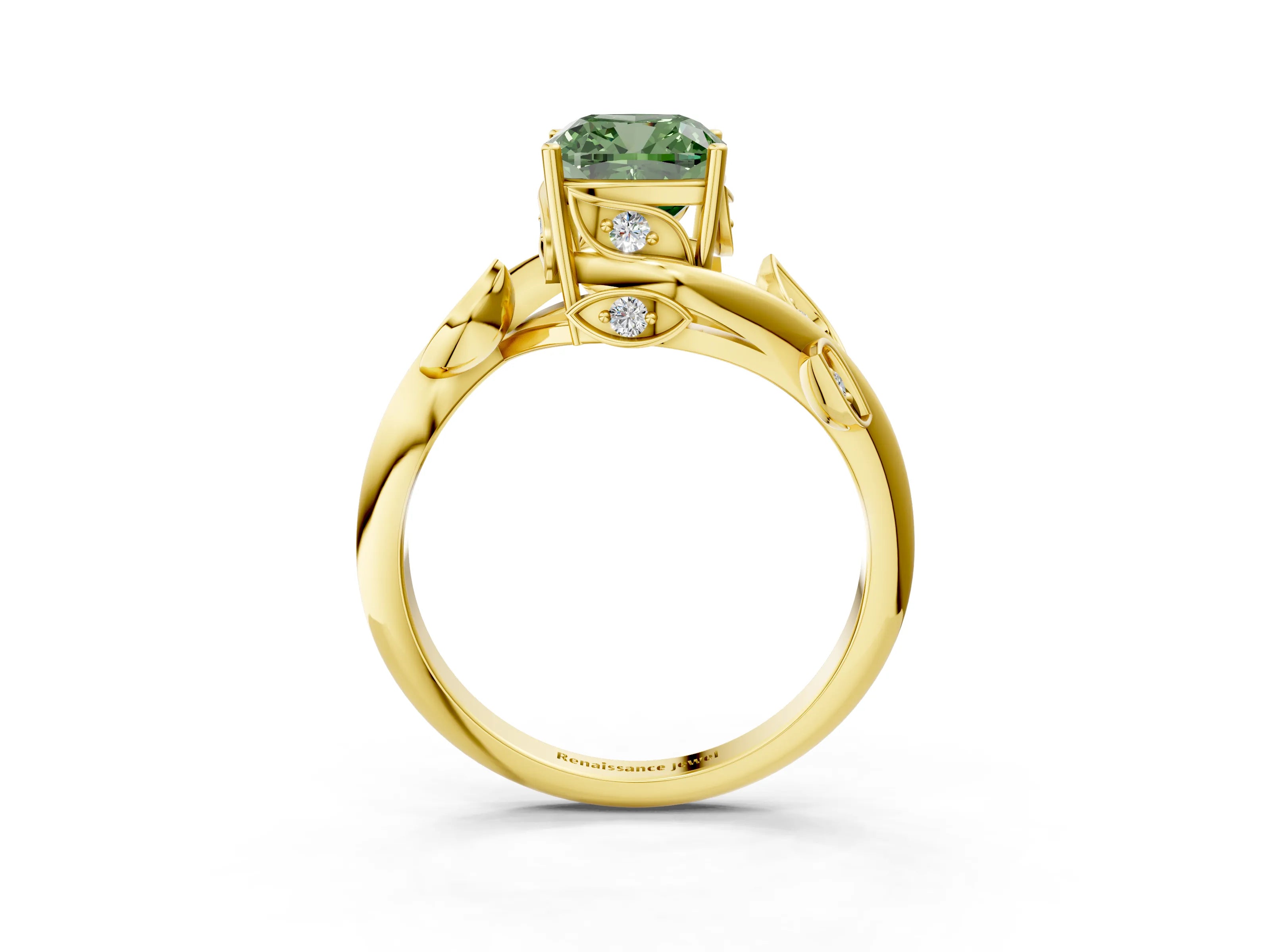 Yellow gold Fancy Green Cushion Cut Solitaire Twist Engagement Ring with Leaf Accents and Prong Setting_15
