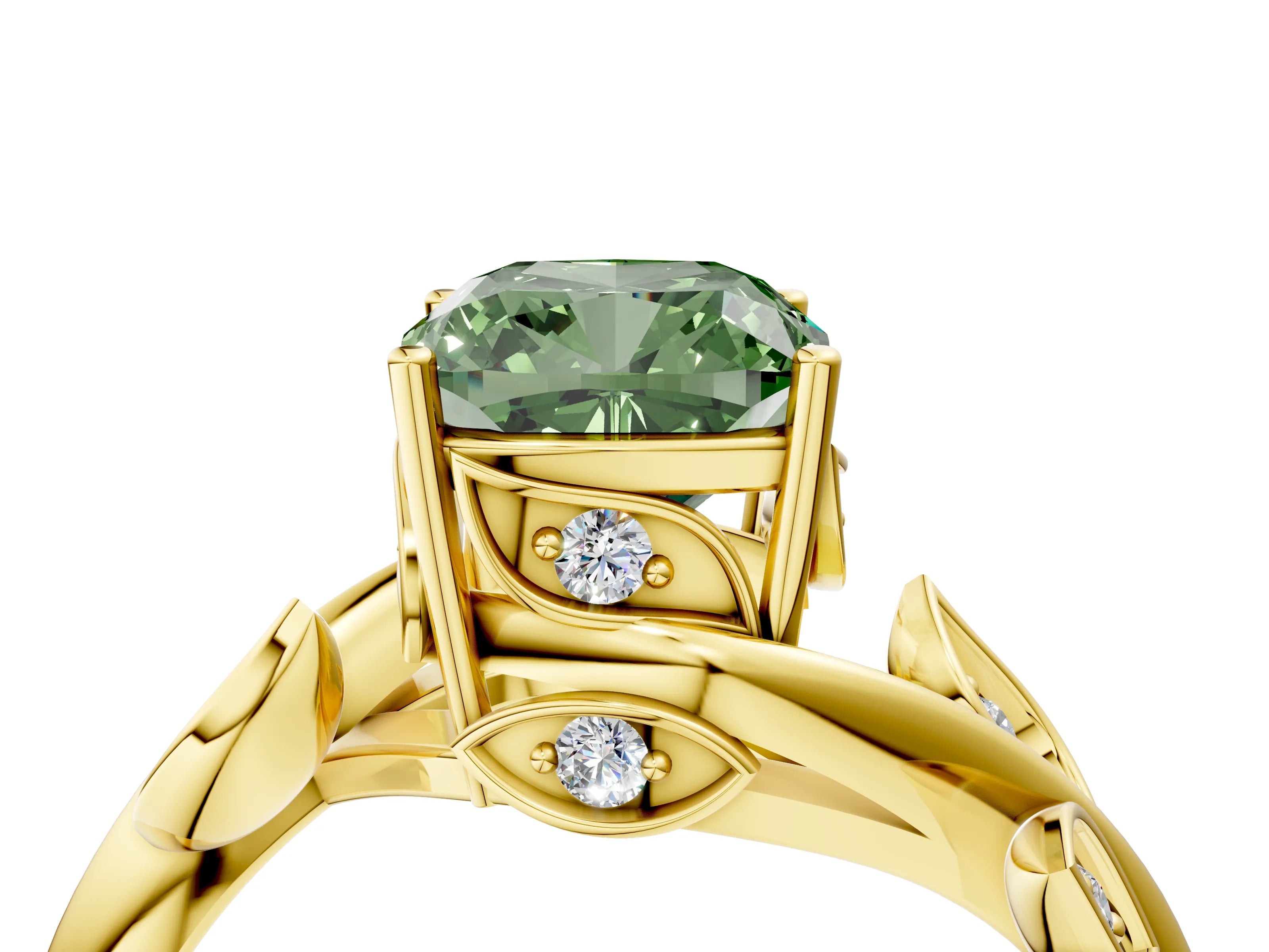 Yellow gold Fancy Green Cushion Cut Solitaire Twist Engagement Ring with Leaf Accents and Prong Setting_16