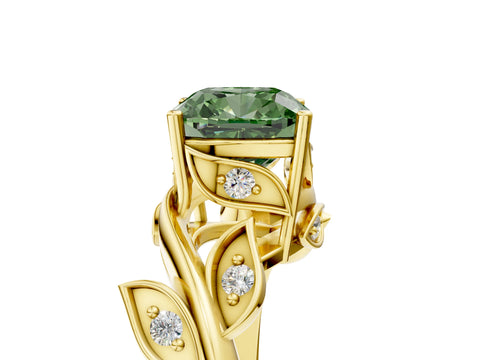 Yellow gold Fancy Green Cushion Cut Solitaire Twist Engagement Ring with Leaf Accents and Prong Setting_17