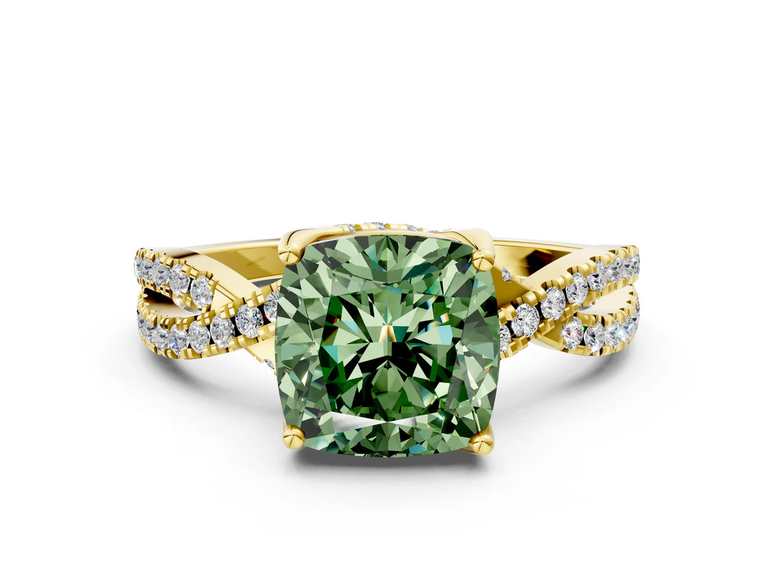 Yellow gold Fancy Green Cushion Cut Solitaire Twist Pave Diamond Engagement Ring with Prong Setting
