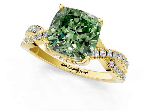Yellow gold Fancy Green Cushion Cut Solitaire Twist Pave Diamond Engagement Ring with Prong Setting_1