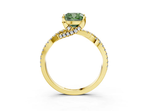 Yellow gold Fancy Green Cushion Cut Solitaire Twist Pave Diamond Engagement Ring with Prong Setting_3