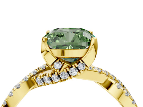Yellow gold Fancy Green Cushion Cut Solitaire Twist Pave Diamond Engagement Ring with Prong Setting_4