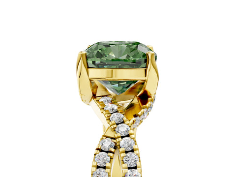 Yellow gold Fancy Green Cushion Cut Solitaire Twist Pave Diamond Engagement Ring with Prong Setting_5