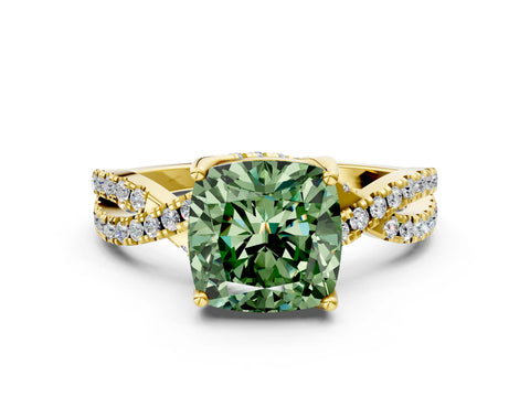 Yellow gold Fancy Green Cushion Cut Solitaire Twist Pave Diamond Engagement Ring with Prong Setting