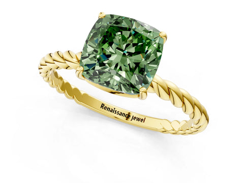 Yellow gold Fancy Green Cushion Cut Solitaire Twisted Band 4-Prong Ring_1