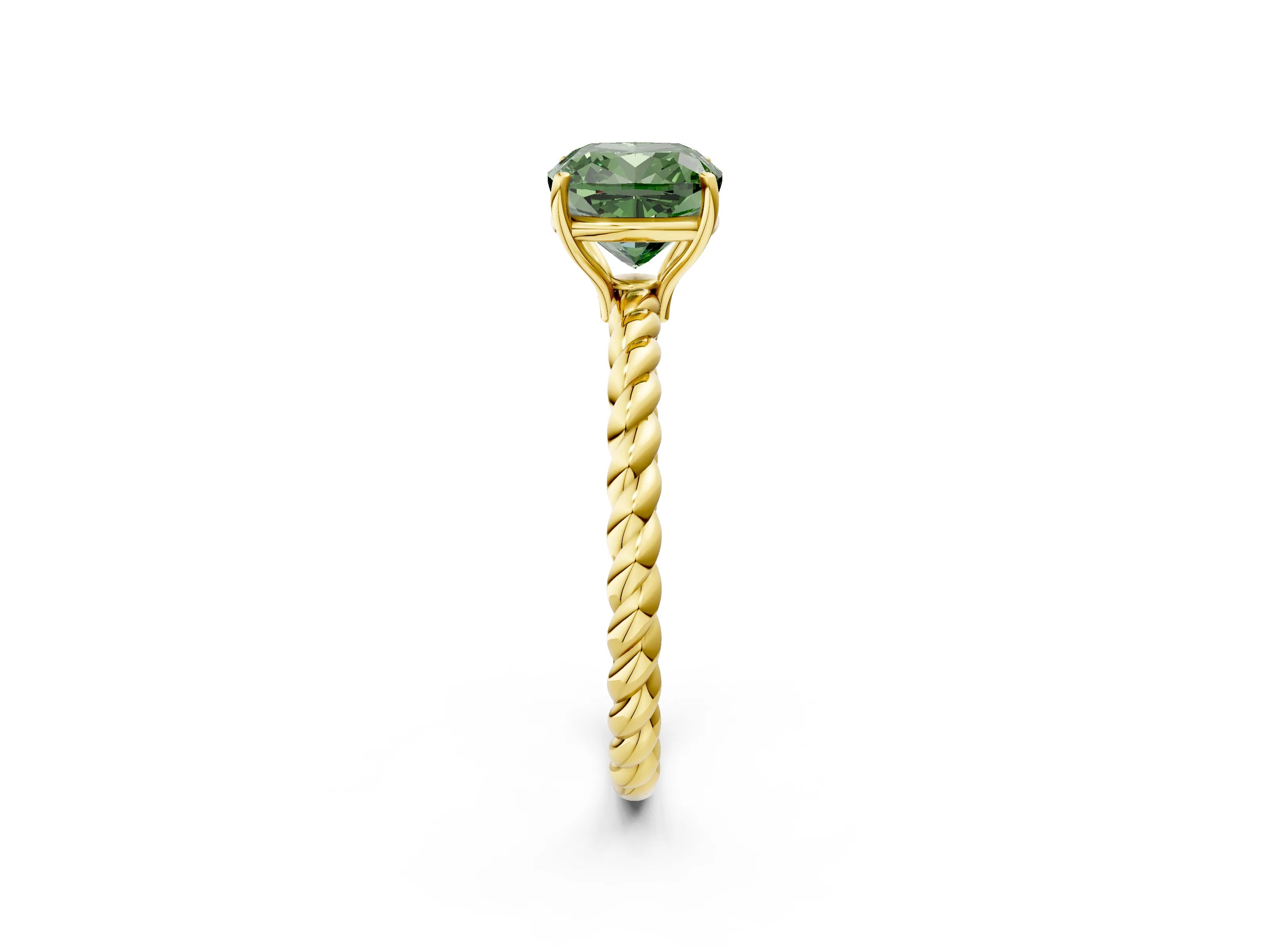 Yellow gold Fancy Green Cushion Cut Solitaire Twisted Band 4-Prong Ring_2