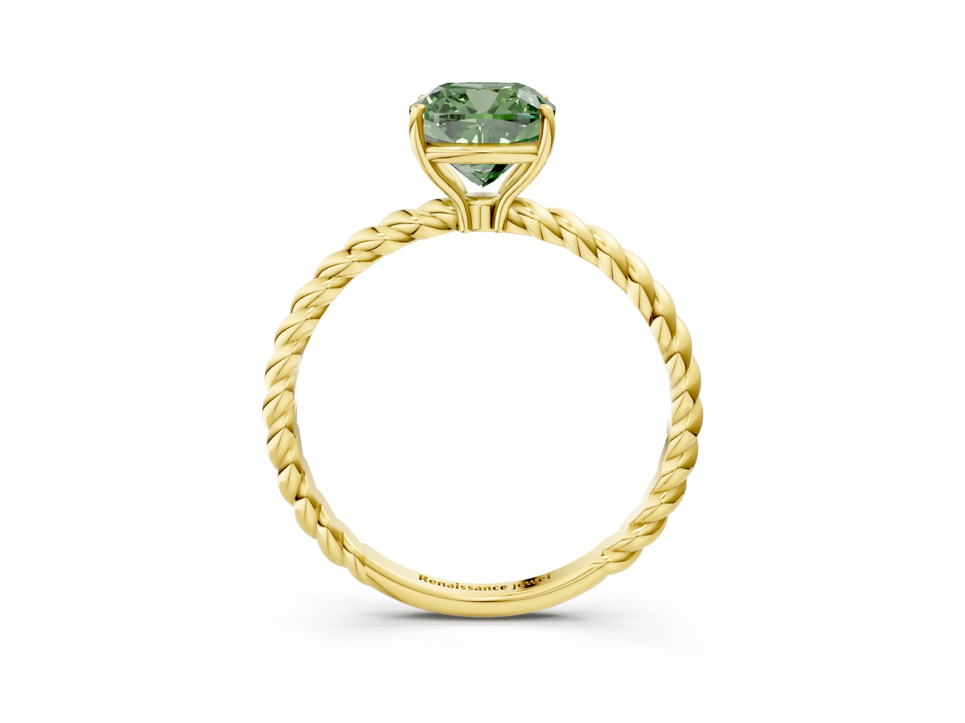 Yellow gold Fancy Green Cushion Cut Solitaire Twisted Band 4-Prong Ring_3