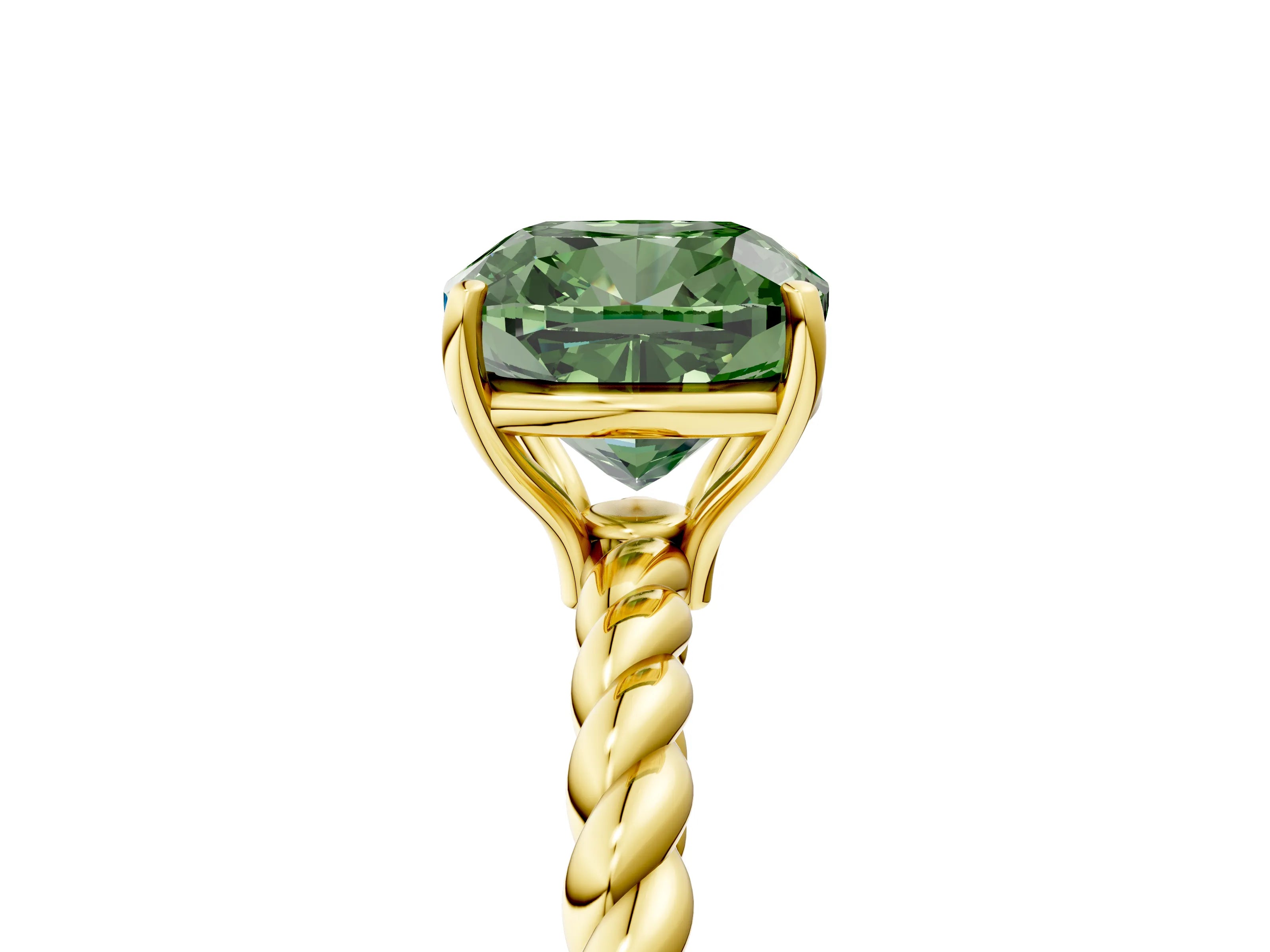 Yellow gold Fancy Green Cushion Cut Solitaire Twisted Band 4-Prong Ring_5