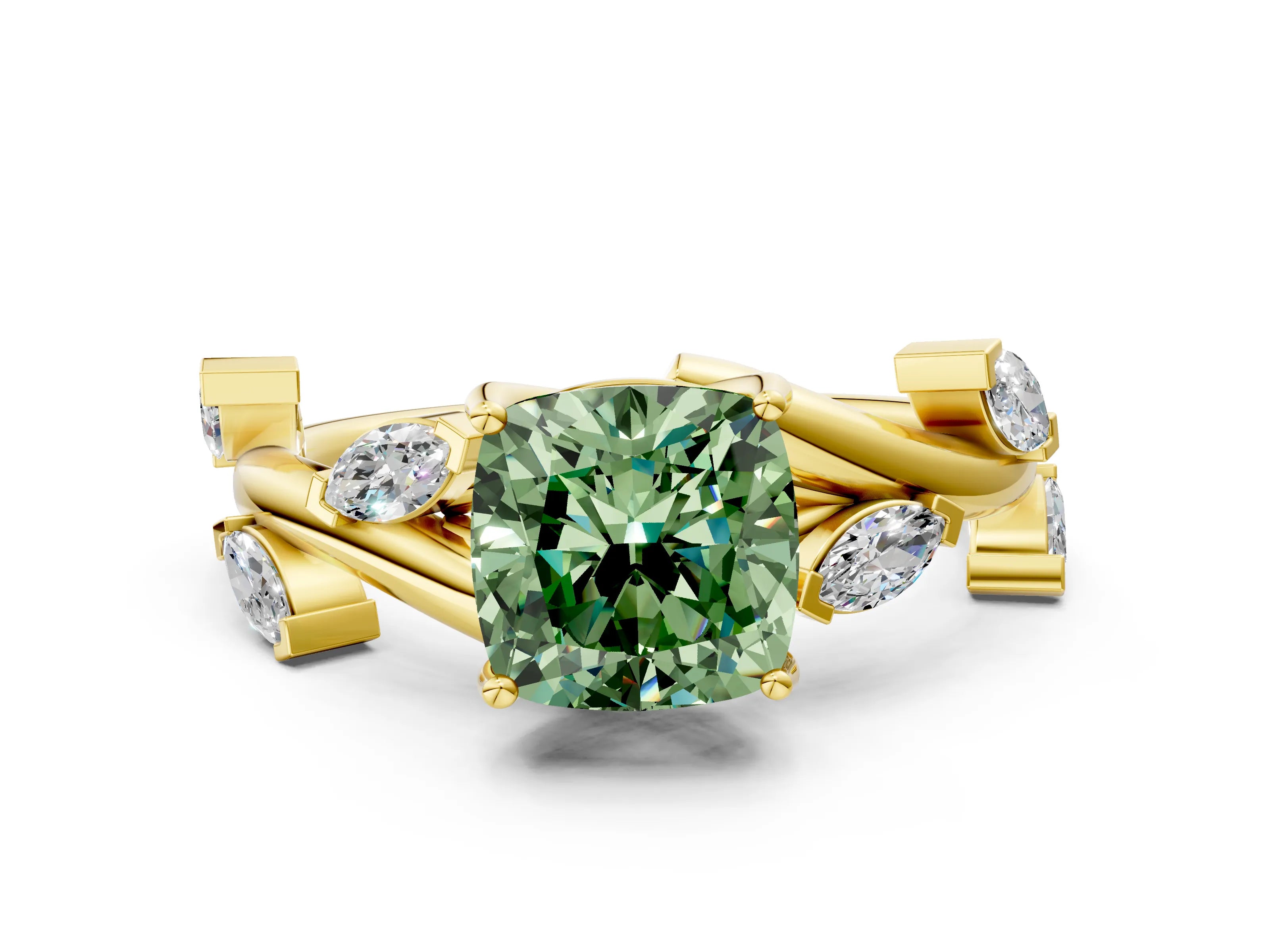 Yellow gold Fancy Green Cushion Cut Solitaire Twisted Band Marquise Accent Prong Setting Ring