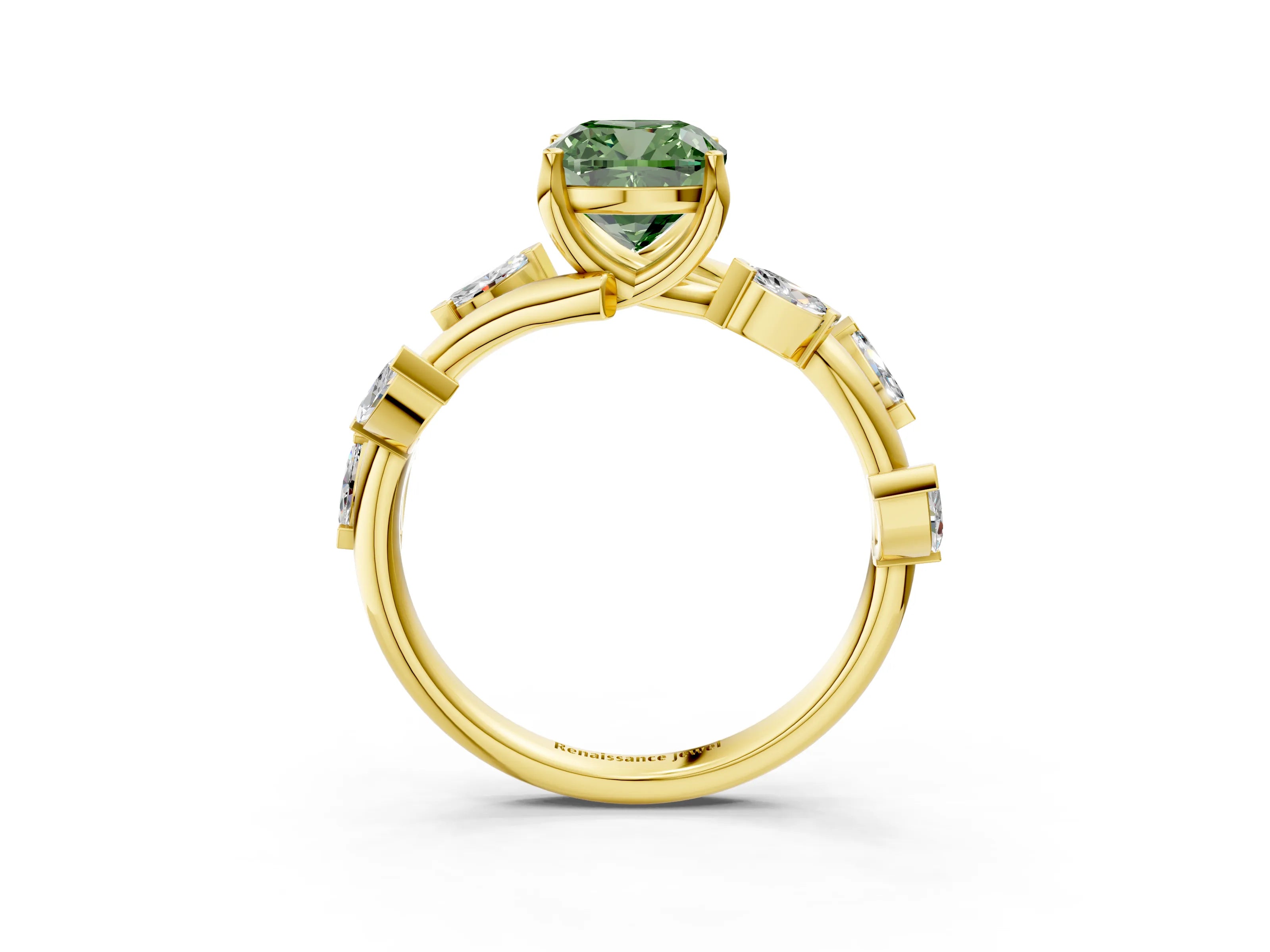 Yellow gold Fancy Green Cushion Cut Solitaire Twisted Band Marquise Accent Prong Setting Ring_3