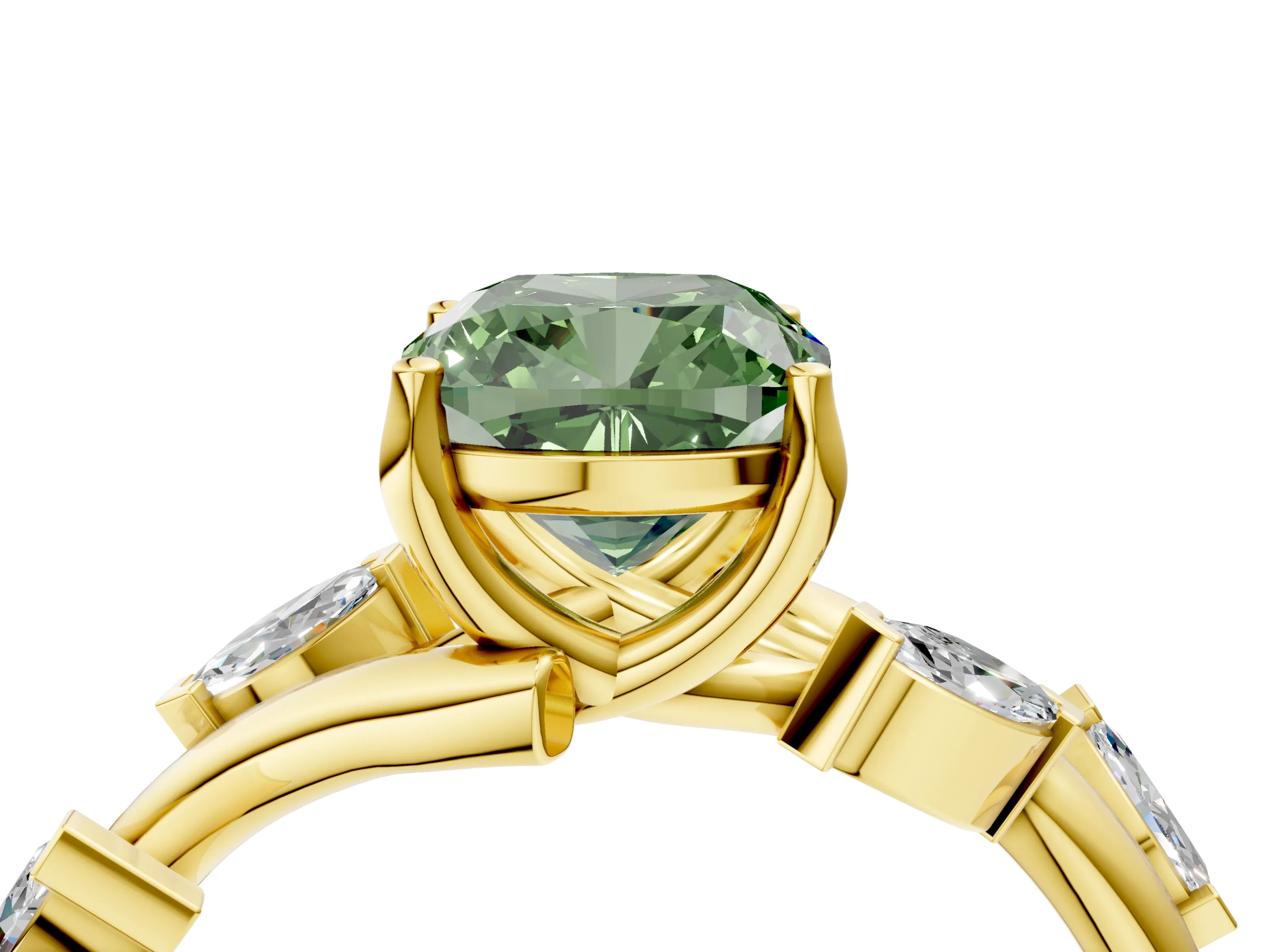 Yellow gold Fancy Green Cushion Cut Solitaire Twisted Band Marquise Accent Prong Setting Ring_4
