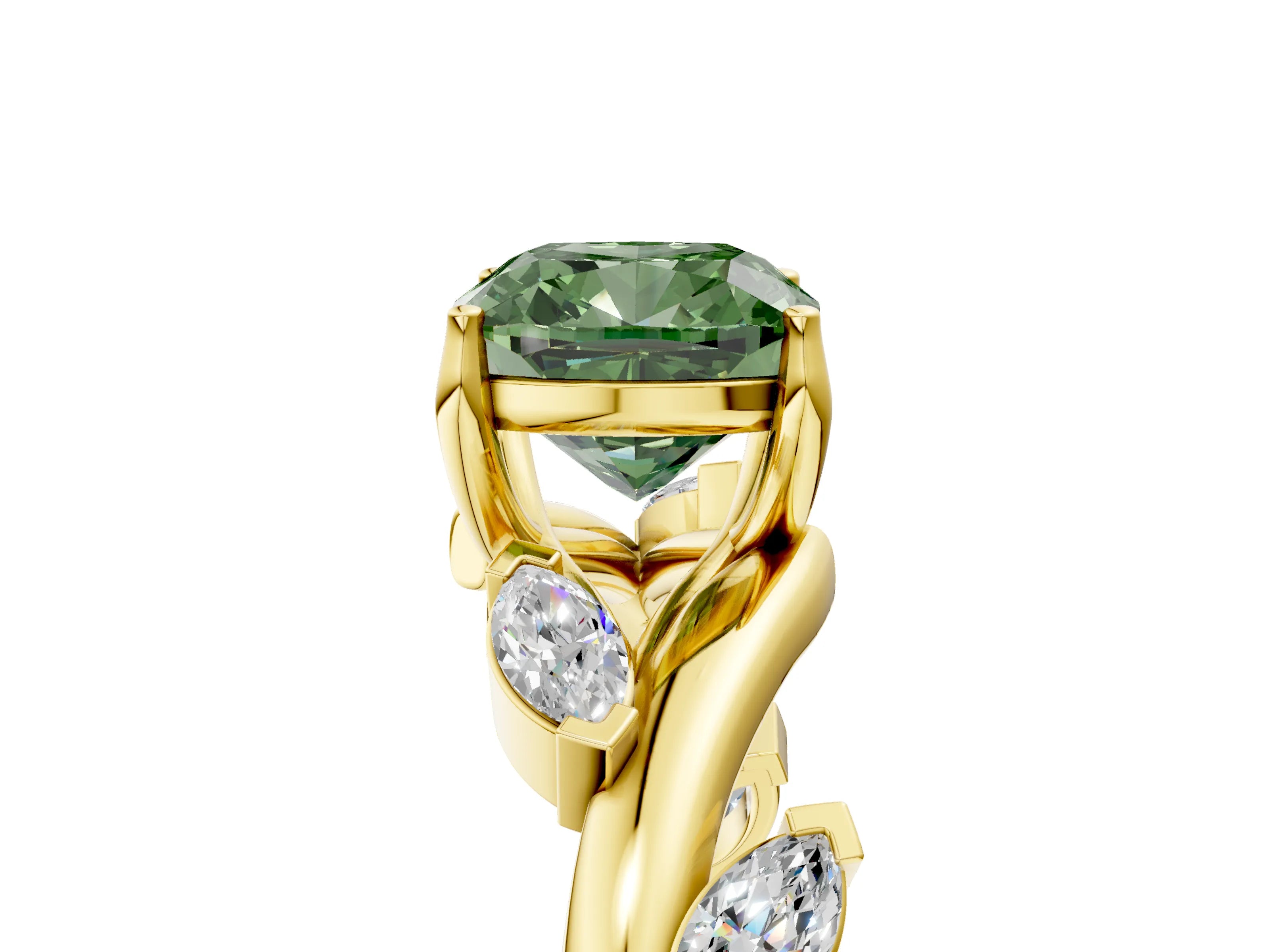 Yellow gold Fancy Green Cushion Cut Solitaire Twisted Band Marquise Accent Prong Setting Ring_5