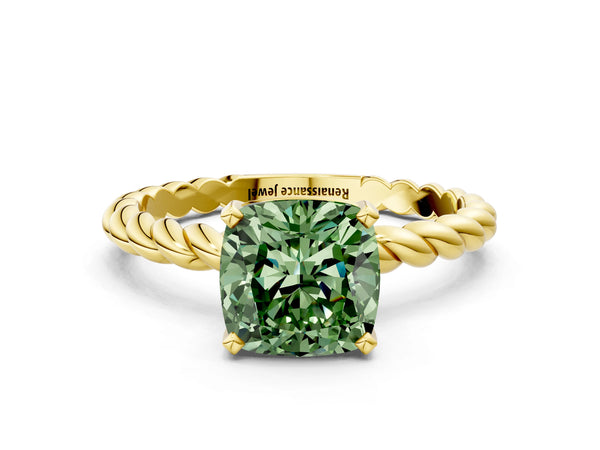 Yellow gold Fancy Green Cushion  Cut Solitaire Twisted Band with Four-Prong Setting