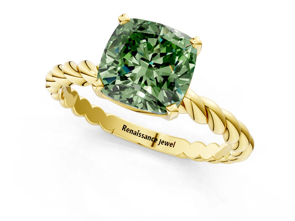 Yellow gold Fancy Green Cushion  Cut Solitaire Twisted Band with Four-Prong Setting