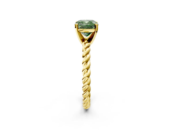 Yellow gold Fancy Green Cushion  Cut Solitaire Twisted Band with Four-Prong Setting
