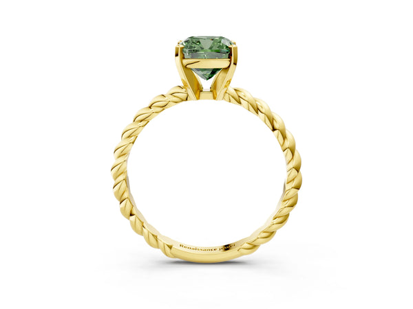 Yellow gold Fancy Green Cushion  Cut Solitaire Twisted Band with Four-Prong Setting
