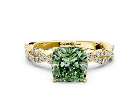 Yellow gold Fancy Green Cushion Cut Solitaire Twisted Pave Band with Four-Prong Setting_3