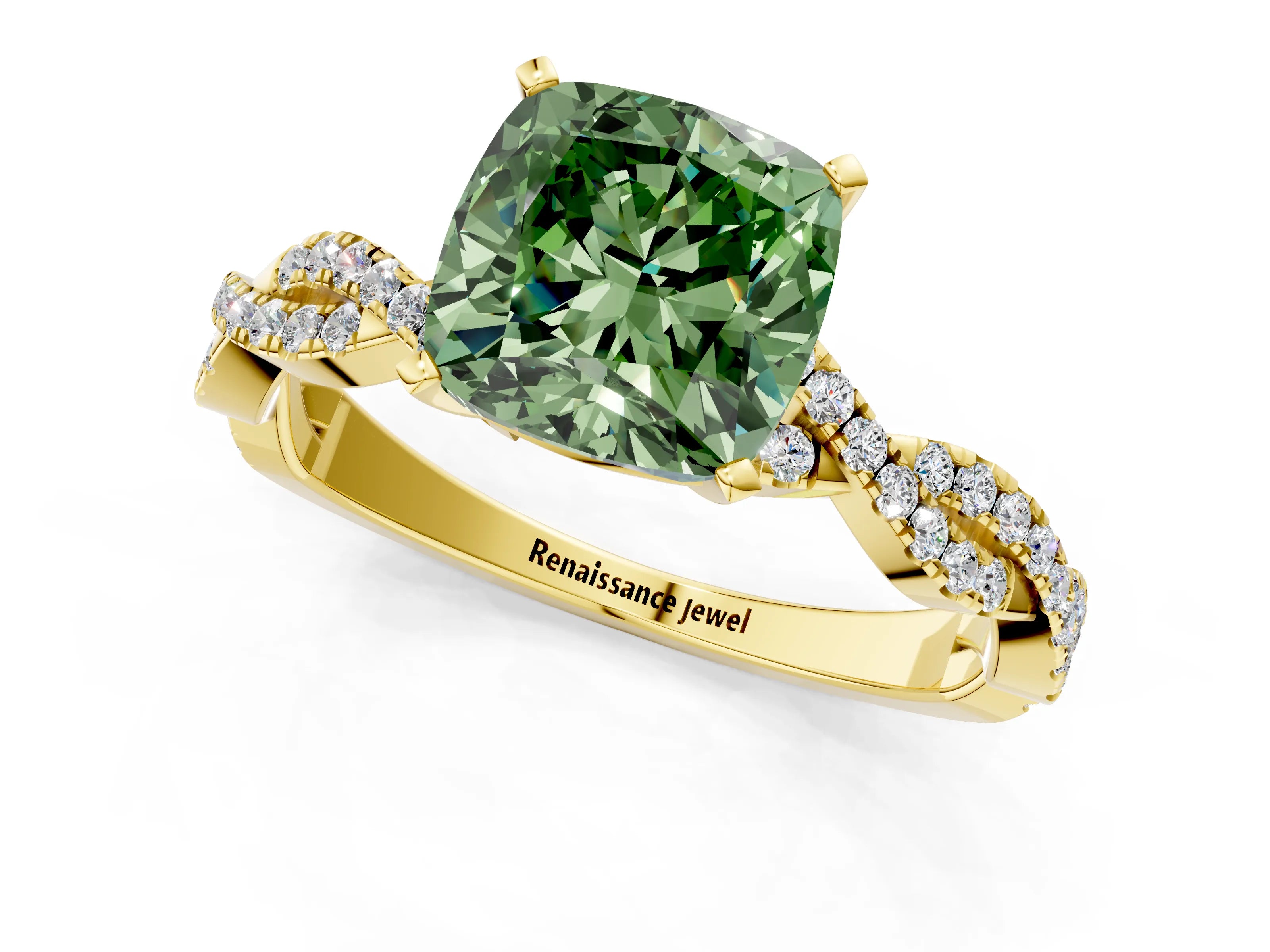 Yellow gold Fancy Green Cushion Cut Solitaire Twisted Pave Band with Four-Prong Setting_4