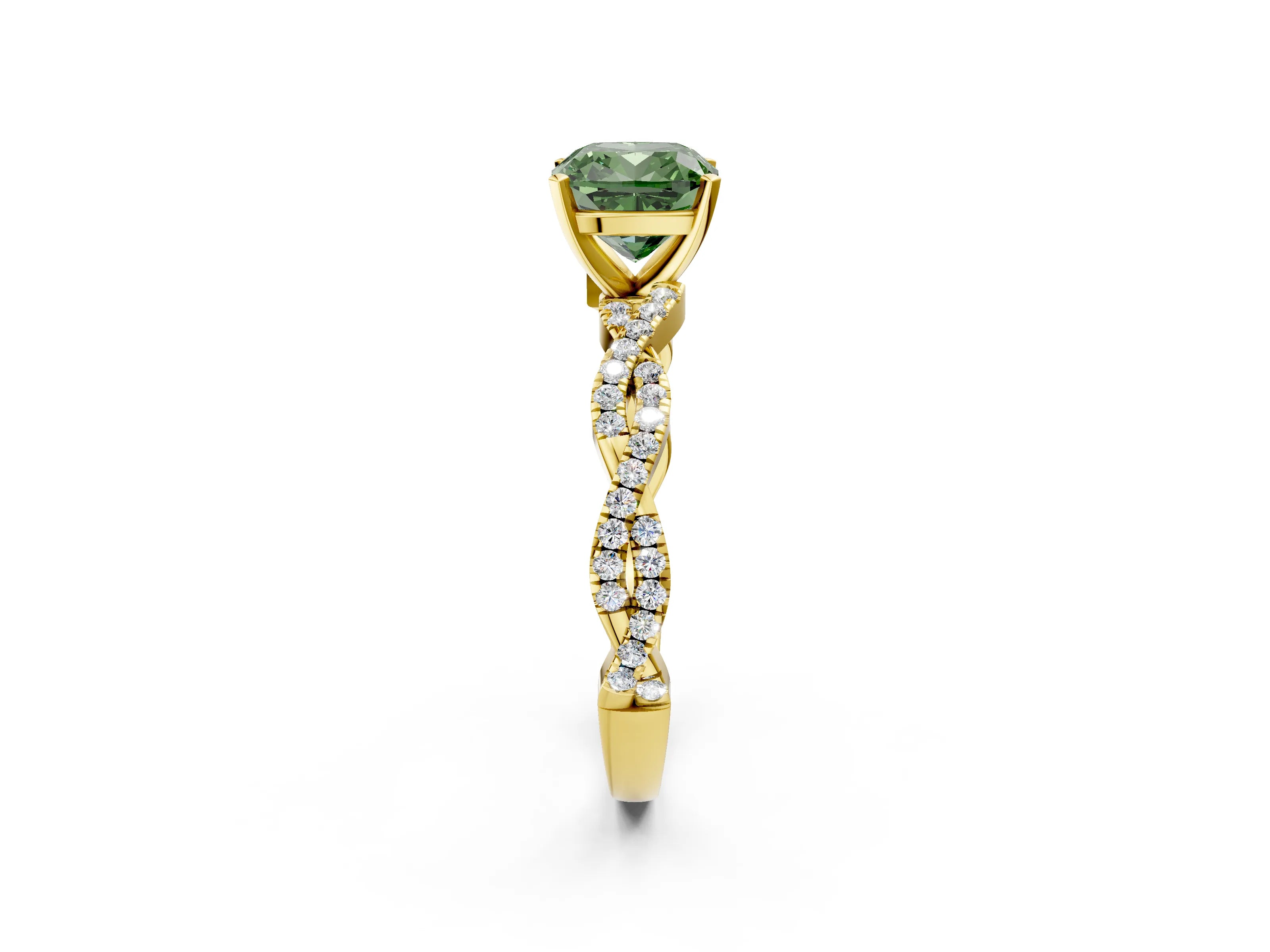 Yellow gold Fancy Green Cushion Cut Solitaire Twisted Pave Band with Four-Prong Setting_5