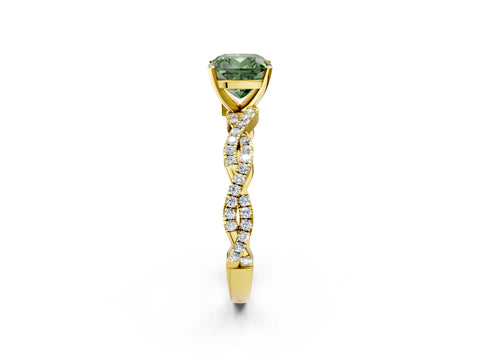Yellow gold Fancy Green Cushion Cut Solitaire Twisted Pave Band with Four-Prong Setting_5