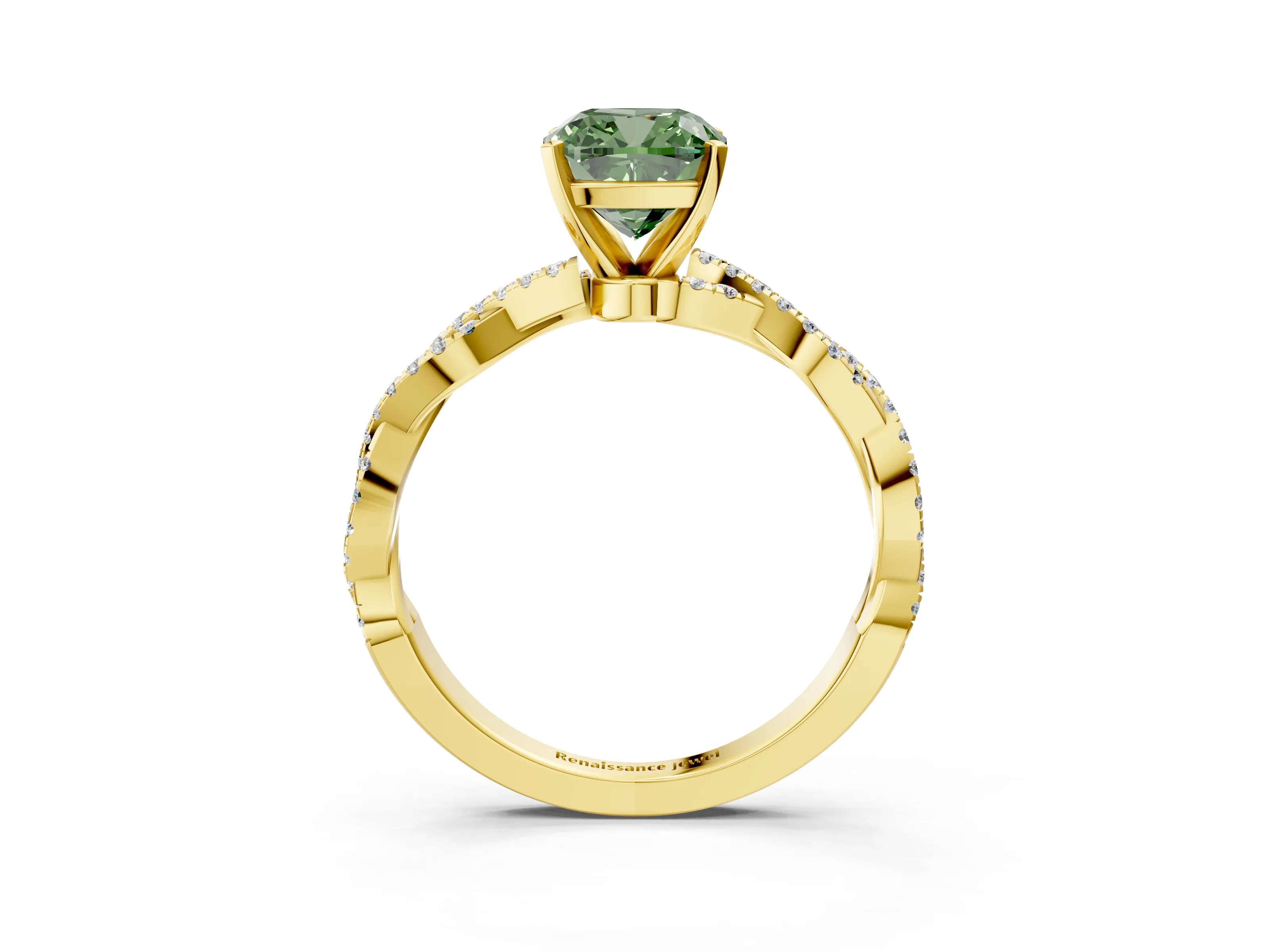 Yellow gold Fancy Green Cushion Cut Solitaire Twisted Pave Band with Four-Prong Setting_6