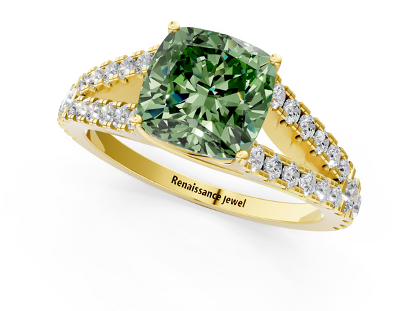 Yellow gold Fancy Green Cushion  Cut Split Shank Pave Diamond Engagement Ring with Four-Prong Setting