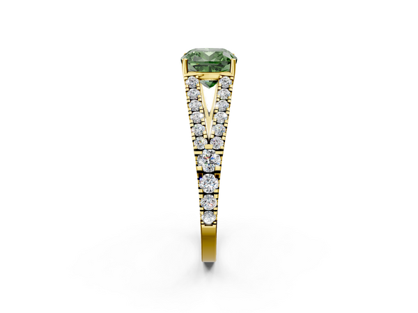Yellow gold Fancy Green Cushion  Cut Split Shank Pave Diamond Engagement Ring with Four-Prong Setting